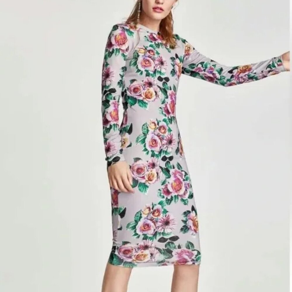 Zara Floral Stretch Bodycon Midi Dress Large Pink Stretch Casual Lounge